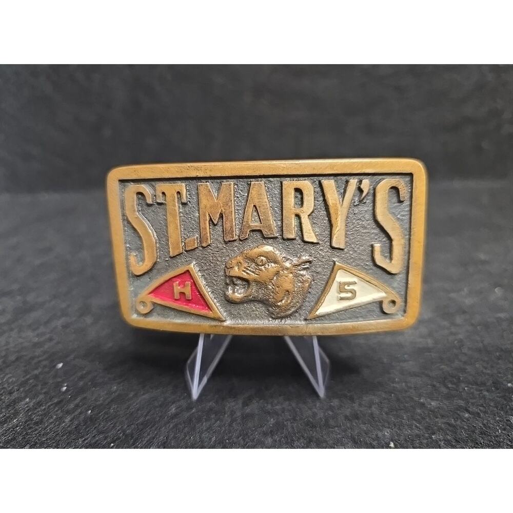 Vintage St. Mary's High School Brass Belt Buckle 3"x1.5" Cougar Mascot